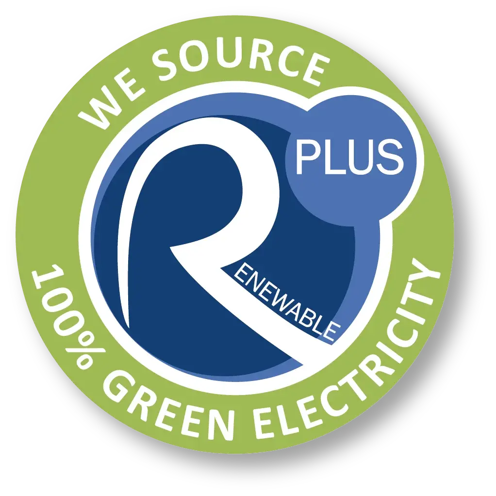 Green badge displaying renewable energy commitment against circular backdrop