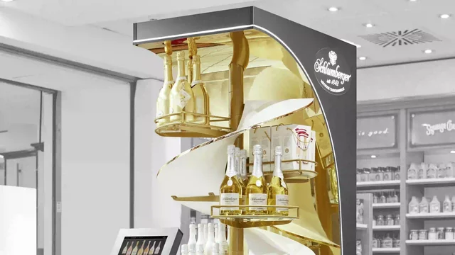 Bottles displayed on golden spiral shelf in a modern retail setting