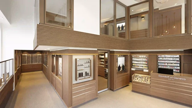 Interior showcases cigars in luxurious, well-lit shop with wooden displays