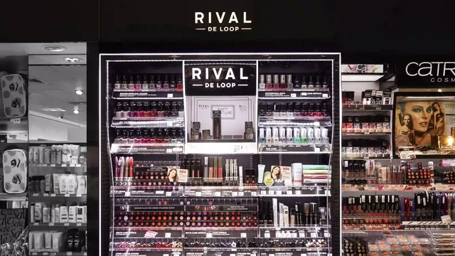 Makeup-Produkte werden in einem gut beleuchteten Ladenregal präsentiert