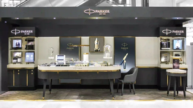 Luxury pens displayed elegantly in a sophisticated retail store setting