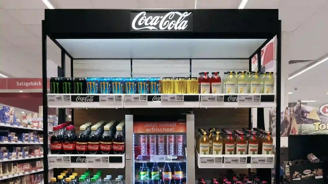 Getränkeregal präsentiert Coca-Cola Produkte in einem Supermarkt