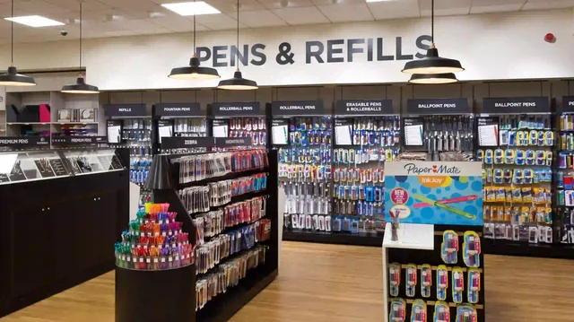 Pens displayed on shelves in a stationery store