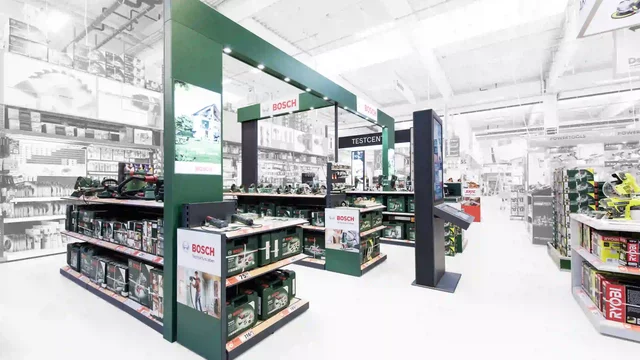 Bosch power tools displayed on shelves in a retail store