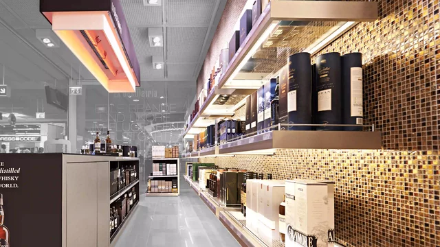 Whiskey bottles displayed on shelves, airport store