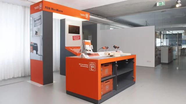 Orange display showcasing tools in modern office
