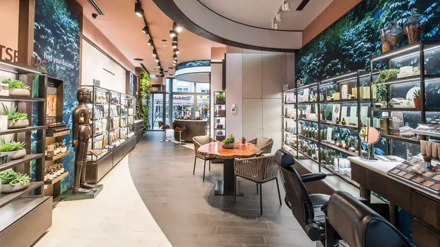 Kosmetikladen präsentiert Produkte in modernem Geschäft mit grüner Dekoration