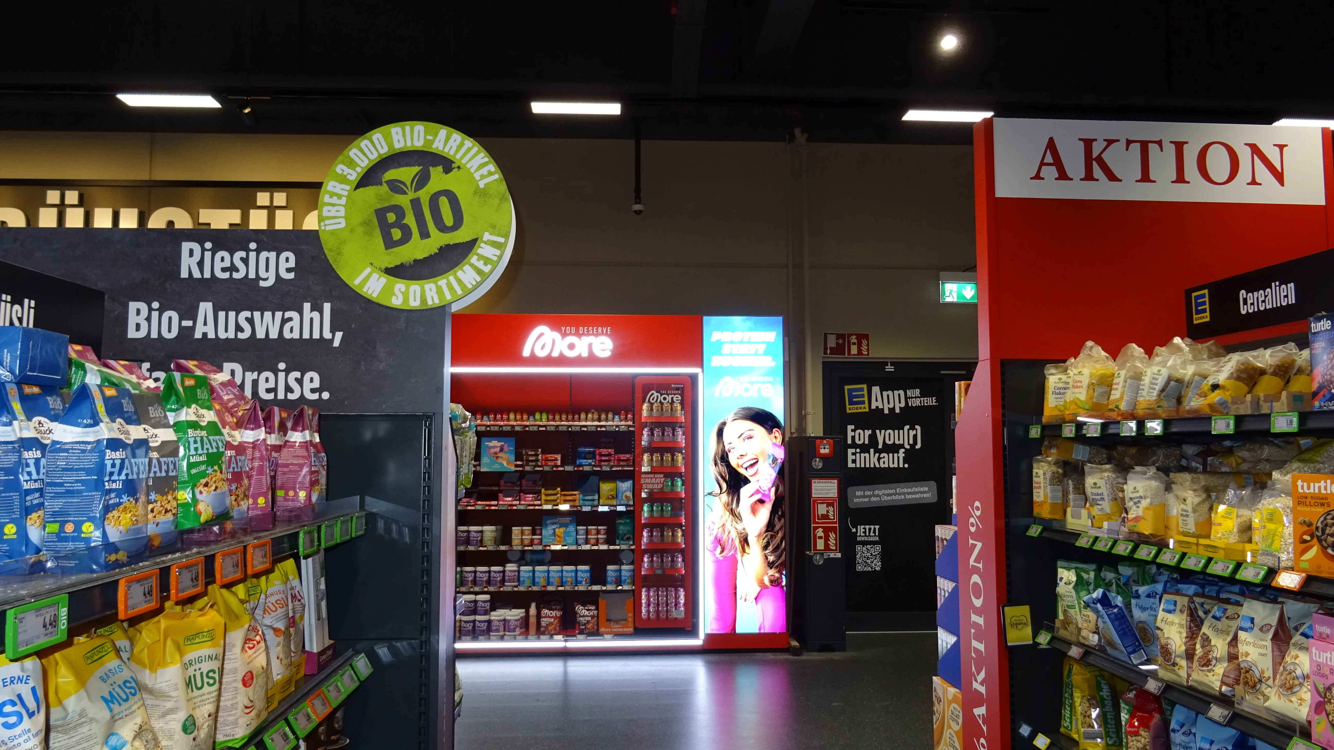 shelf from more brand, photographed from aisle