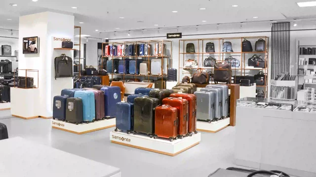 Luggage displayed on shelves in retail store