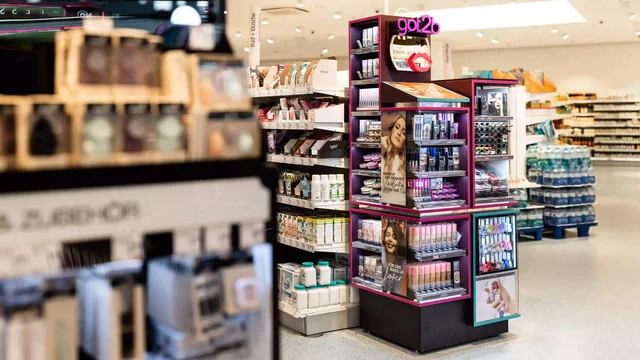 Ladenregal zeigt Kosmetika in hellem Geschäftsumfeld mit zahlreichen Produkten
