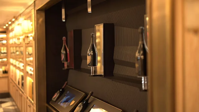 Wine bottles displayed on a stylish wall in an elegant cellar