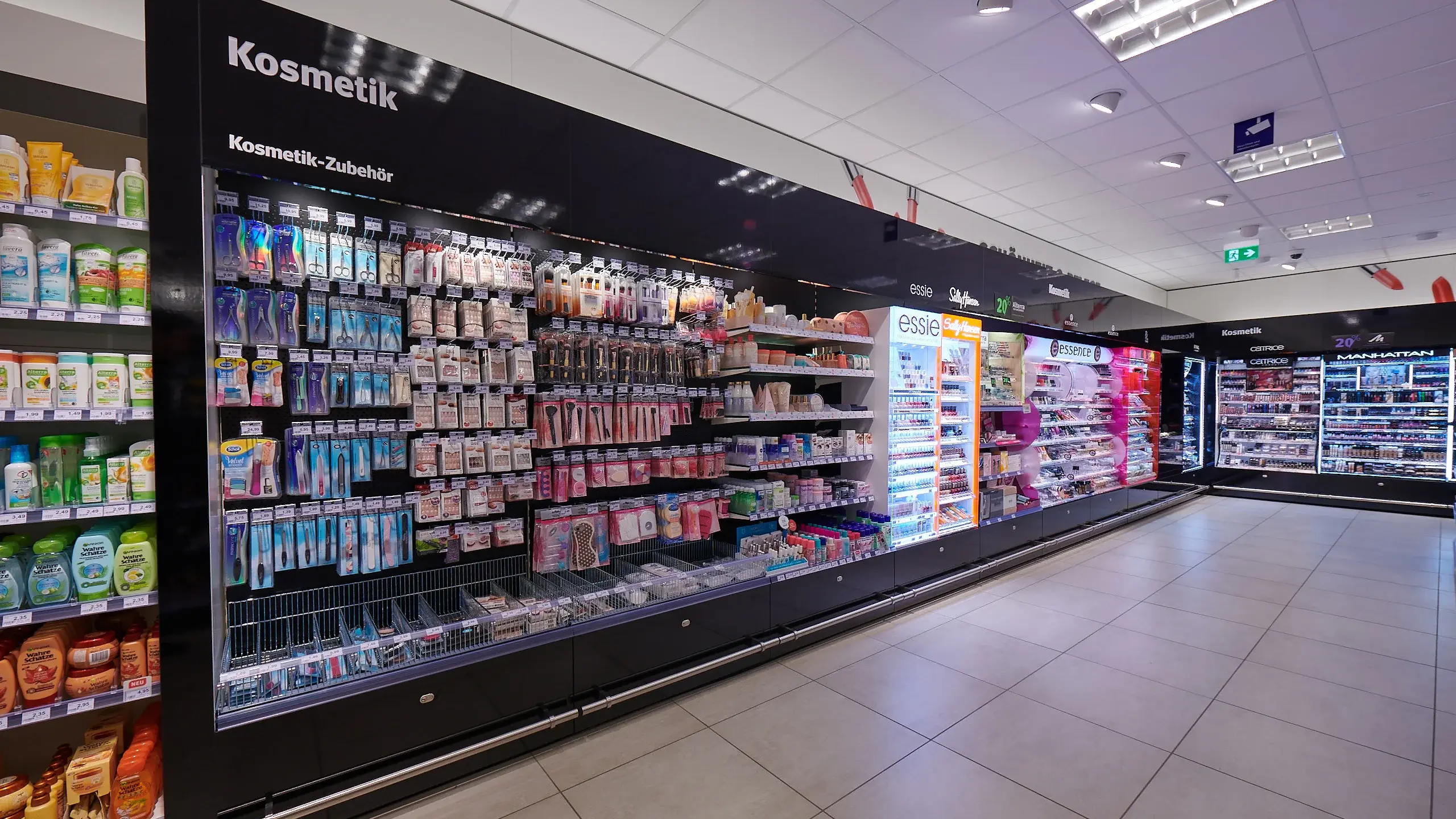 Cosmetics displayed on shelves in store