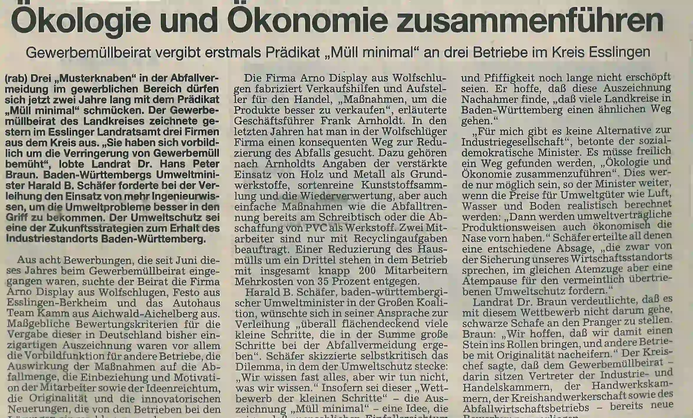 Pioneer in sustainability 1993 - newspaper article